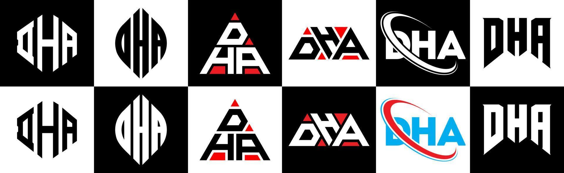 DHA letter logo design in six style. DHA polygon, circle, triangle, hexagon, flat and simple style with black and white color variation letter logo set in one artboard. DHA minimalist and classic logo vector