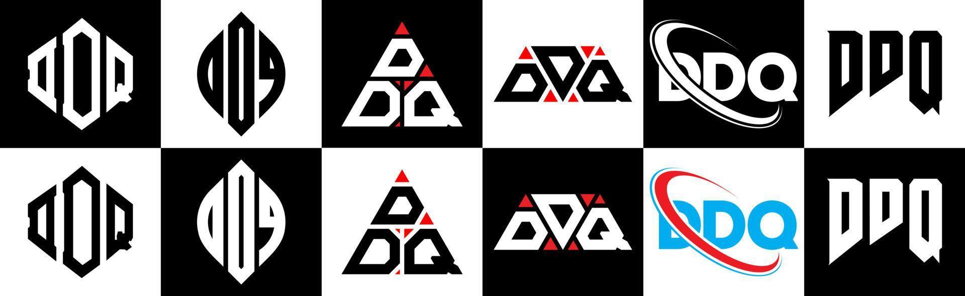 diseño de logotipo de letra ddq en seis estilos. polígono ddq, círculo, triángulo, hexágono, estilo plano y simple con logotipo de letra de variación de color blanco y negro en una mesa de trabajo. logotipo minimalista y clásico de ddq vector