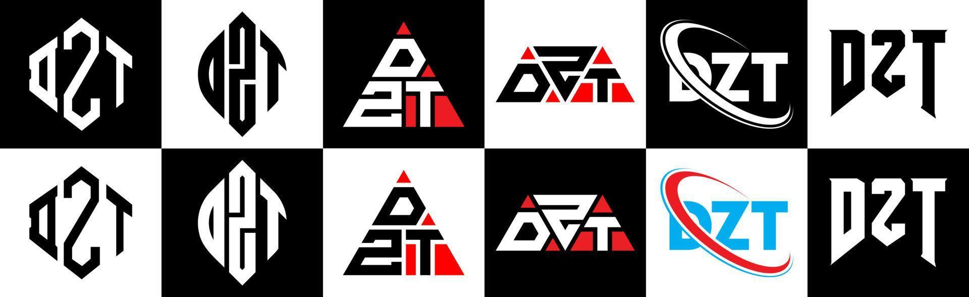 diseño de logotipo de letra dzt en seis estilos. polígono dzt, círculo, triángulo, hexágono, estilo plano y simple con logotipo de letra de variación de color blanco y negro en una mesa de trabajo. logotipo minimalista y clásico de dzt vector