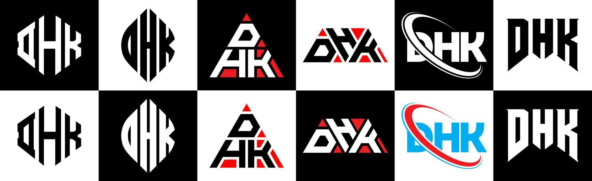 DHK letter logo design in six style. DHK polygon, circle, triangle, hexagon, flat and simple style with black and white color variation letter logo set in one artboard. DHK minimalist and classic logo vector