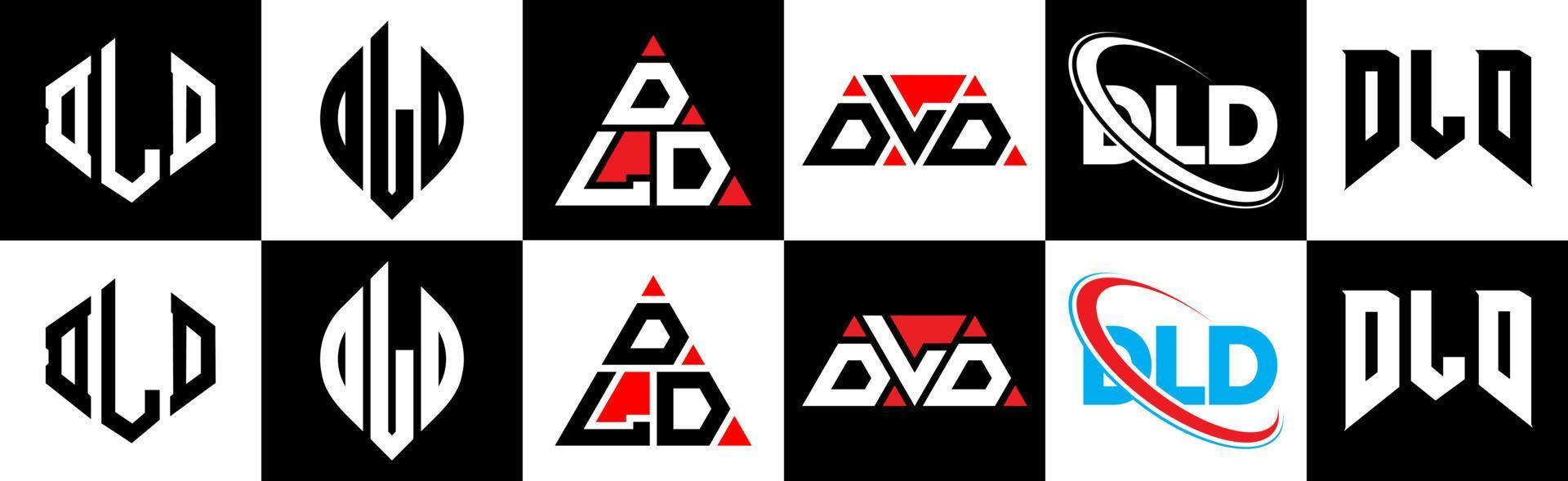 DLD letter logo design in six style. DLD polygon, circle, triangle, hexagon, flat and simple style with black and white color variation letter logo set in one artboard. DLD minimalist and classic logo vector