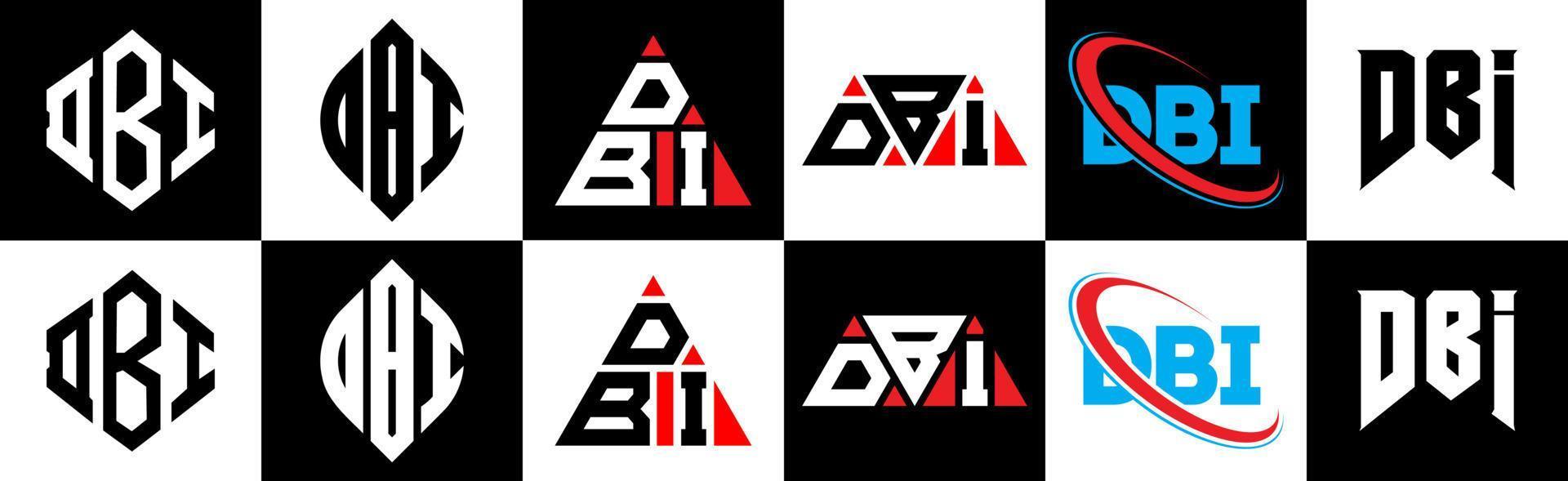 DBI letter logo design in six style. DBI polygon, circle, triangle, hexagon, flat and simple style with black and white color variation letter logo set in one artboard. DBI minimalist and classic logo vector