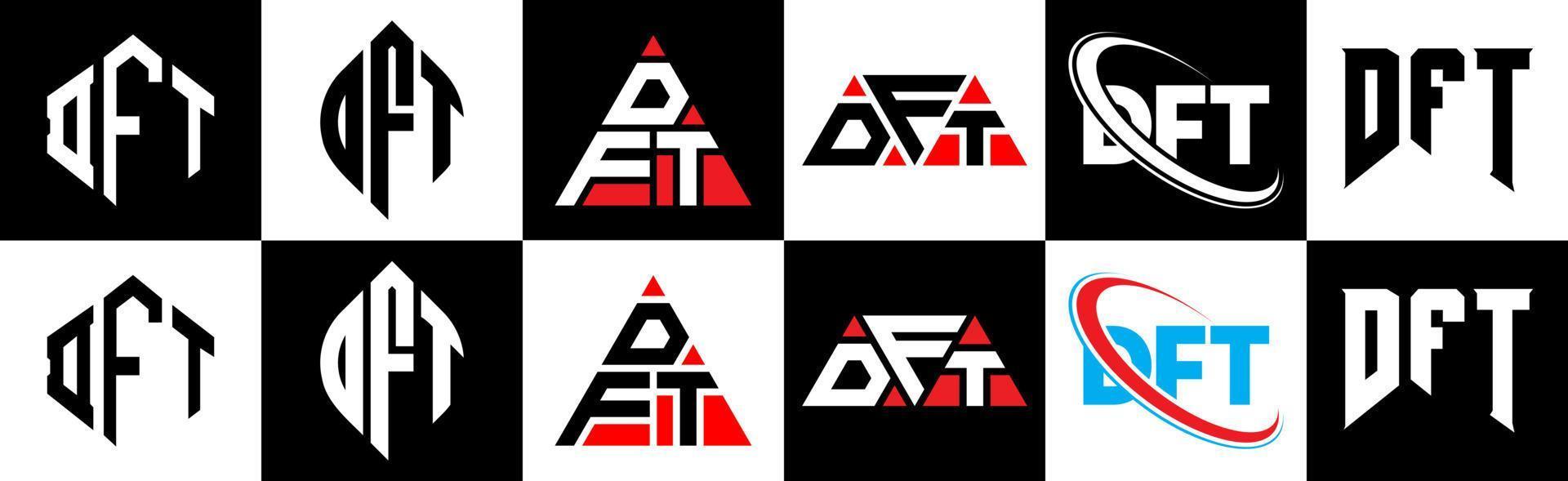DFT letter logo design in six style. DFT polygon, circle, triangle, hexagon, flat and simple style with black and white color variation letter logo set in one artboard. DFT minimalist and classic logo vector
