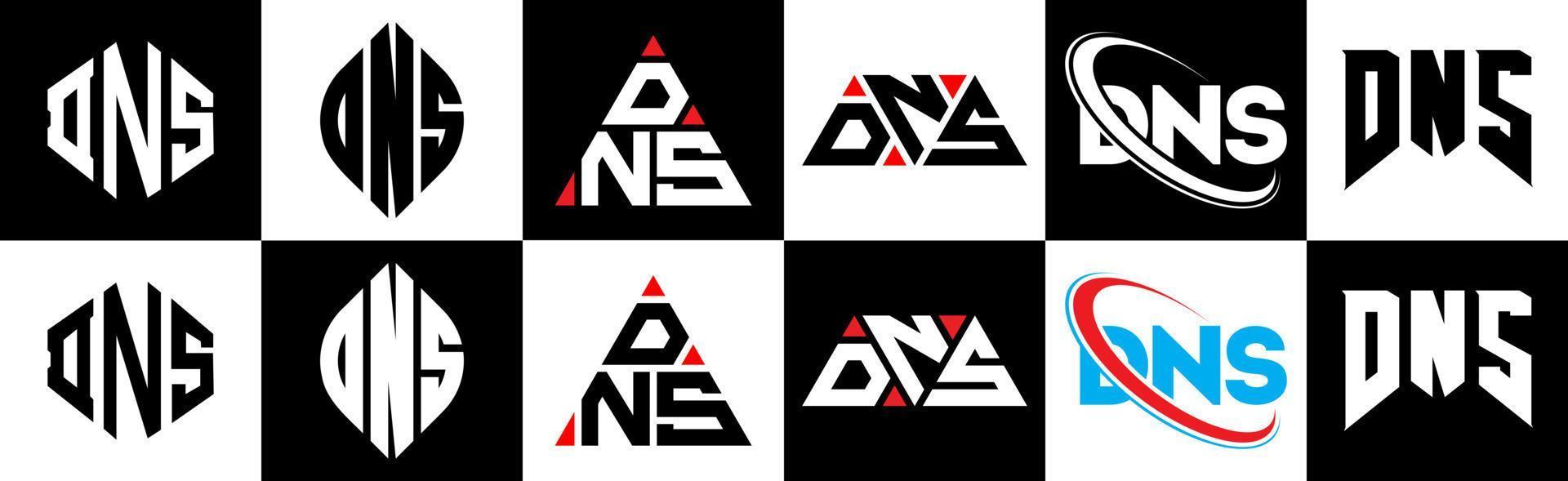 DNS letter logo design in six style. DNS polygon, circle, triangle, hexagon, flat and simple style with black and white color variation letter logo set in one artboard. DNS minimalist and classic logo vector