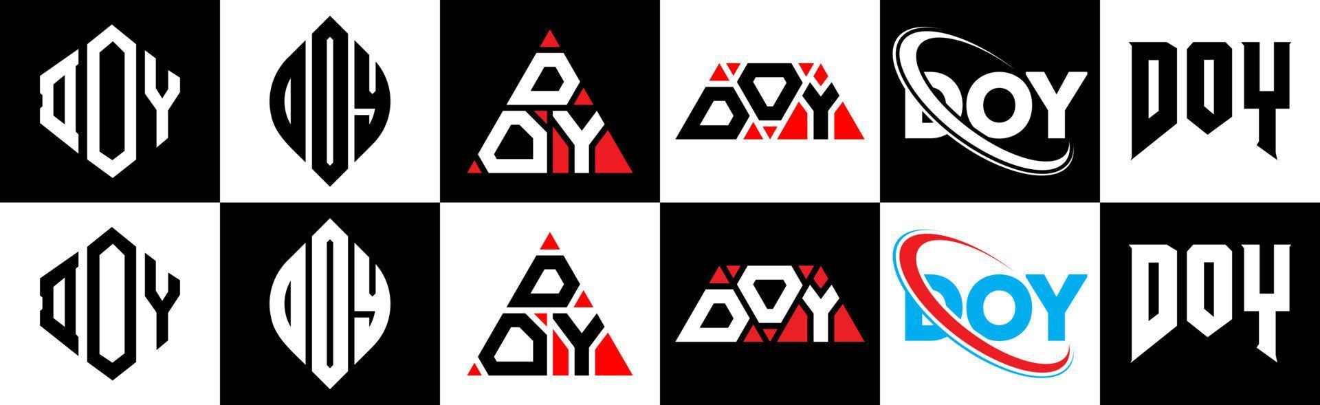 DOY letter logo design in six style. DOY polygon, circle, triangle, hexagon, flat and simple style with black and white color variation letter logo set in one artboard. DOY minimalist and classic logo vector