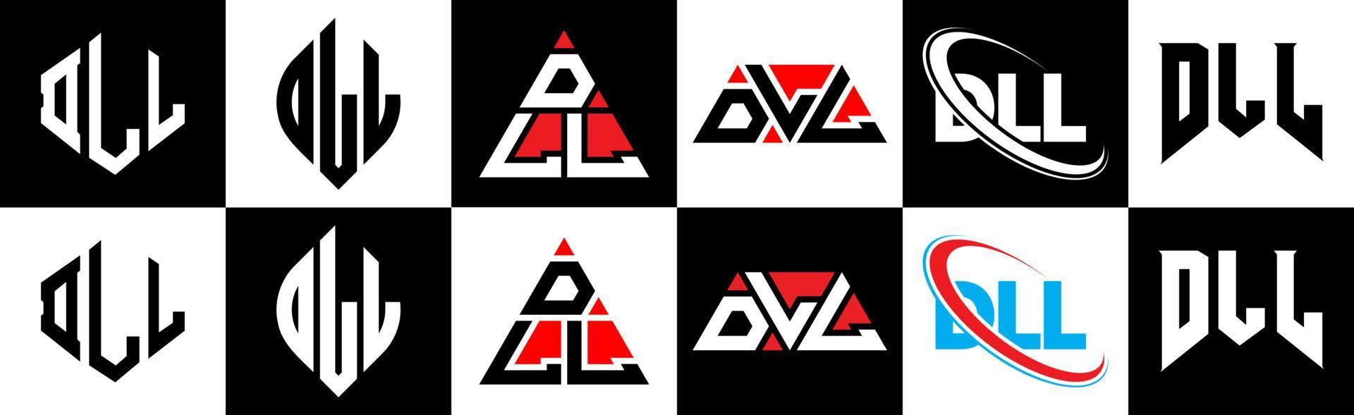 diseño de logotipo de letra dll en seis estilos. dll polígono, círculo, triángulo, hexágono, estilo plano y simple con logotipo de letra de variación de color blanco y negro en una mesa de trabajo. logotipo minimalista y clásico de dll vector