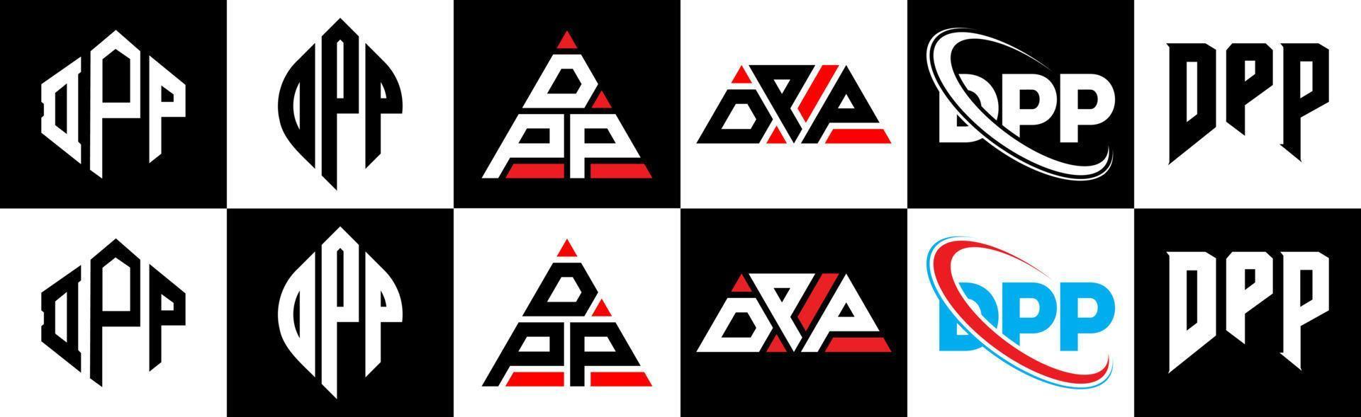 diseño de logotipo de letra dpp en seis estilos. polígono dpp, círculo, triángulo, hexágono, estilo plano y simple con logotipo de letra de variación de color blanco y negro en una mesa de trabajo. logotipo minimalista y clásico de dpp vector