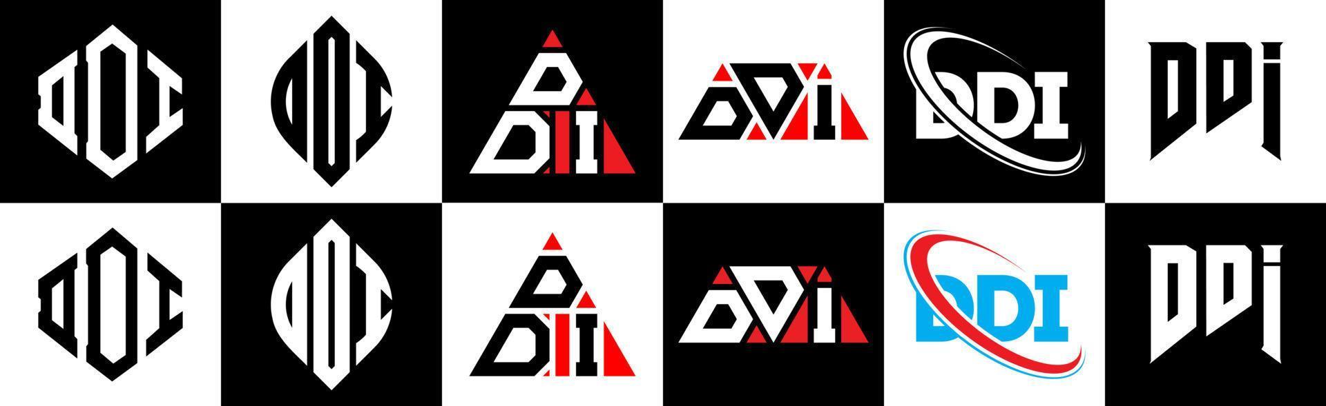 DDI letter logo design in six style. DDI polygon, circle, triangle, hexagon, flat and simple style with black and white color variation letter logo set in one artboard. DDI minimalist and classic logo vector