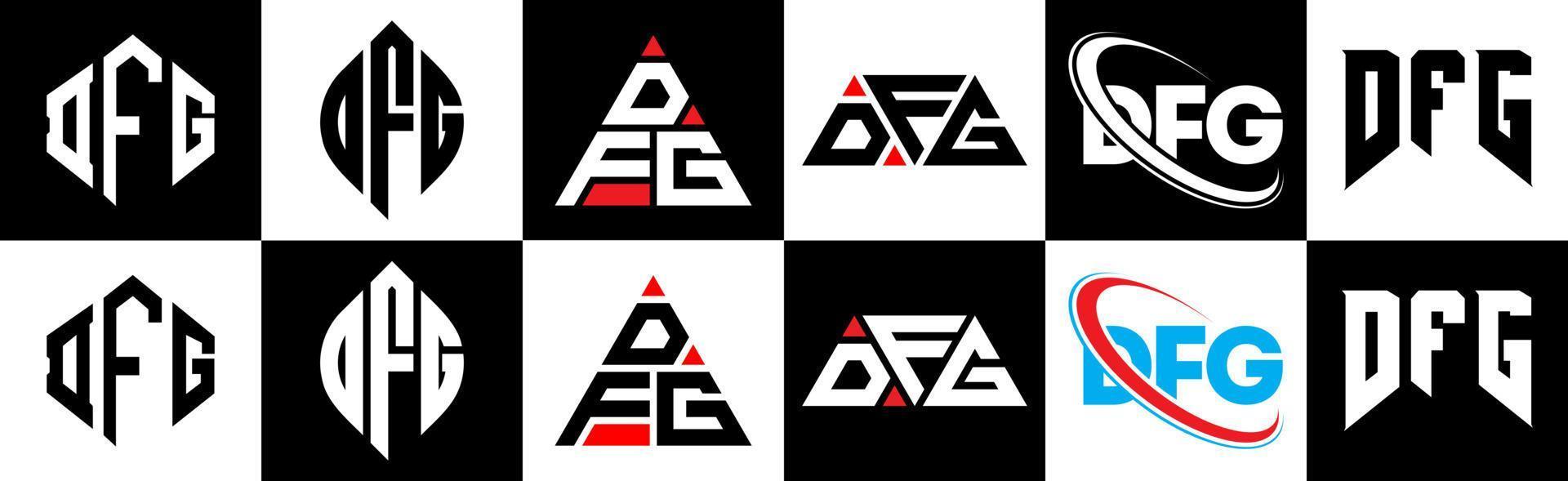 diseño de logotipo de letra dfg en seis estilos. polígono dfg, círculo, triángulo, hexágono, estilo plano y simple con logotipo de letra de variación de color blanco y negro en una mesa de trabajo. logotipo minimalista y clásico dfg vector