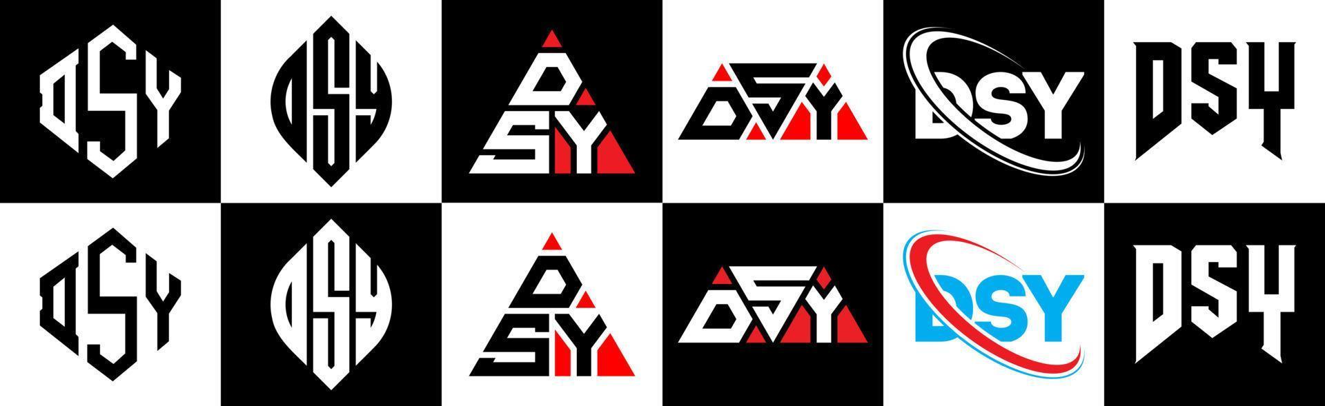 DSY letter logo design in six style. DSY polygon, circle, triangle, hexagon, flat and simple style with black and white color variation letter logo set in one artboard. DSY minimalist and classic logo vector