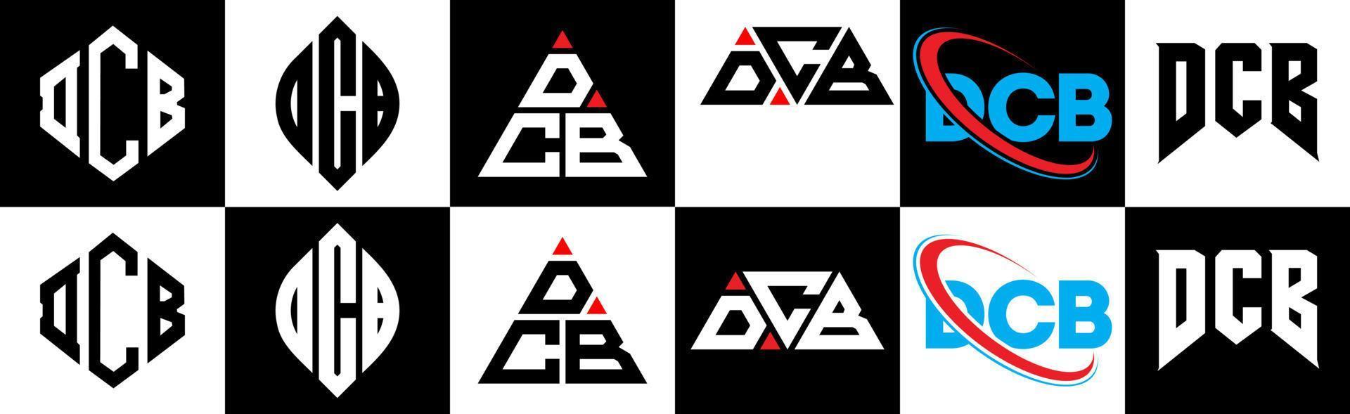 diseño de logotipo de letra dcb en seis estilos. polígono dcb, círculo, triángulo, hexágono, estilo plano y simple con logotipo de letra de variación de color blanco y negro en una mesa de trabajo. logo minimalista y clásico de dcb vector