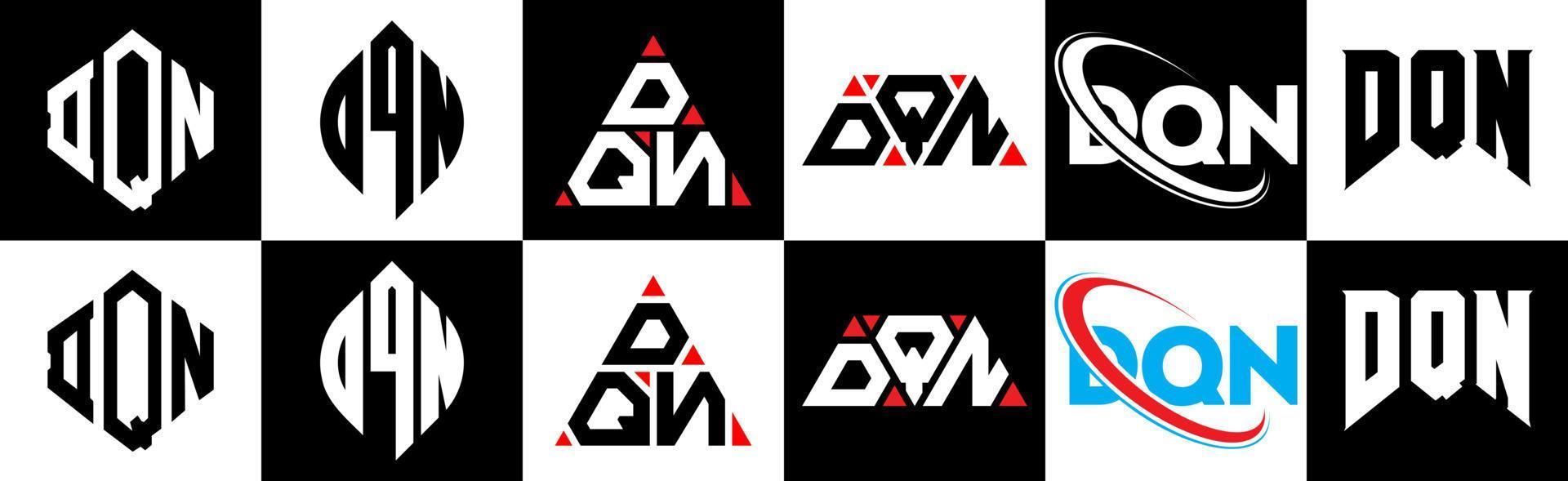 diseño de logotipo de letra dqn en seis estilos. polígono dqn, círculo, triángulo, hexágono, estilo plano y simple con logotipo de letra de variación de color blanco y negro en una mesa de trabajo. logotipo minimalista y clásico de dqn vector