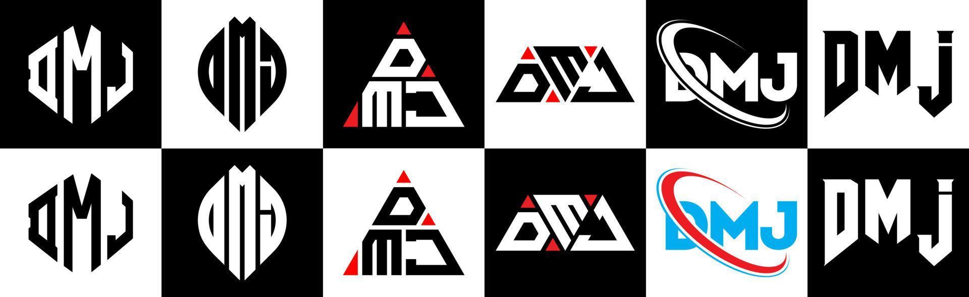 DMJ letter logo design in six style. DMJ polygon, circle, triangle, hexagon, flat and simple style with black and white color variation letter logo set in one artboard. DMJ minimalist and classic logo vector