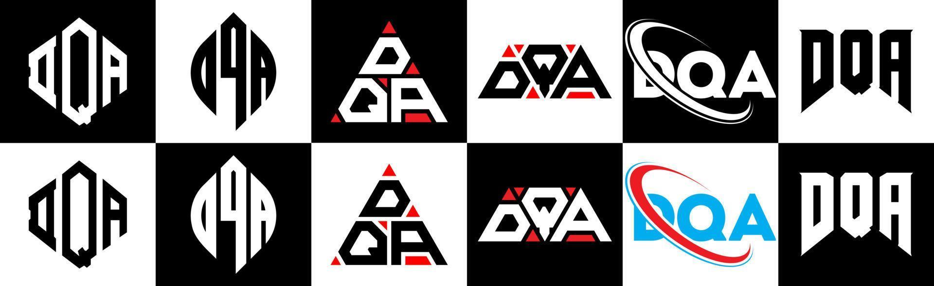 DQA letter logo design in six style. DQA polygon, circle, triangle, hexagon, flat and simple style with black and white color variation letter logo set in one artboard. DQA minimalist and classic logo vector