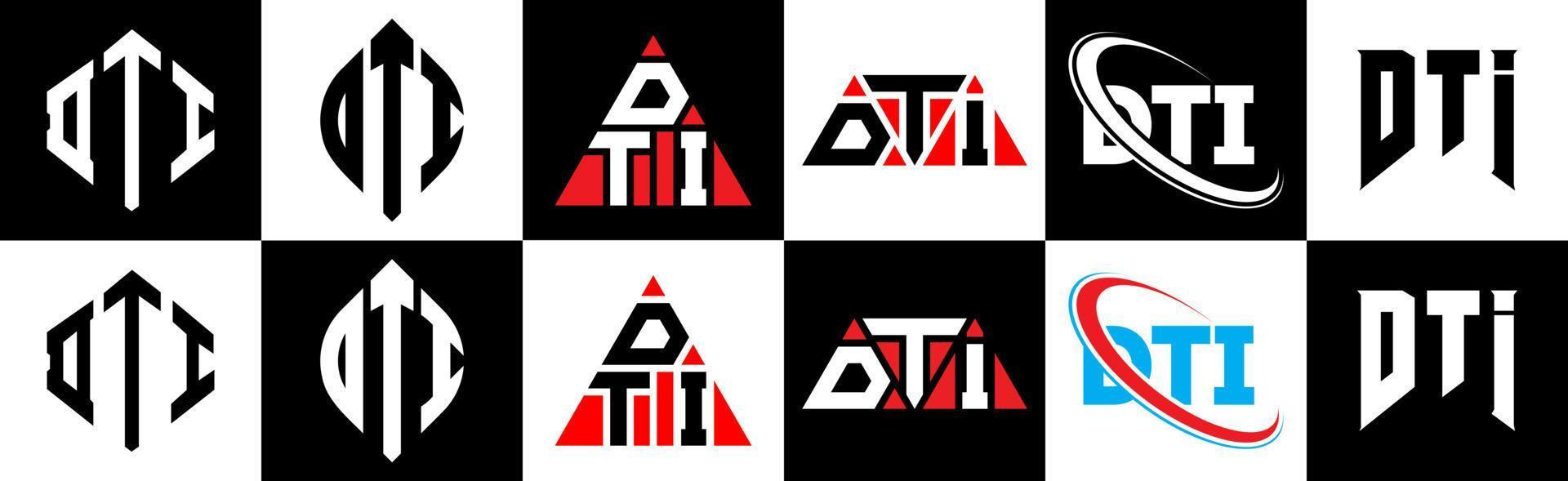 DTI letter logo design in six style. DTI polygon, circle, triangle, hexagon, flat and simple style with black and white color variation letter logo set in one artboard. DTI minimalist and classic logo vector