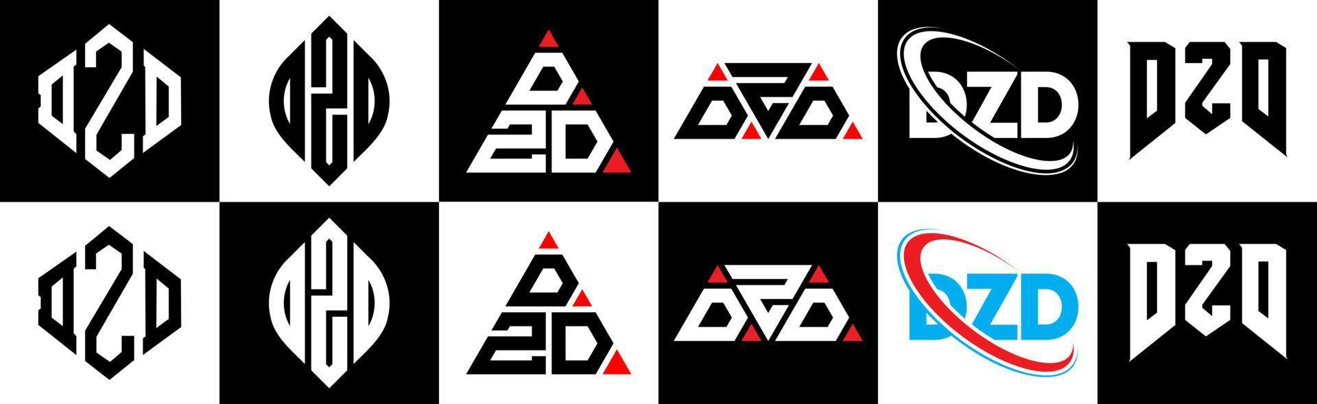 DZD letter logo design in six style. DZD polygon, circle, triangle, hexagon, flat and simple style with black and white color variation letter logo set in one artboard. DZD minimalist and classic logo vector