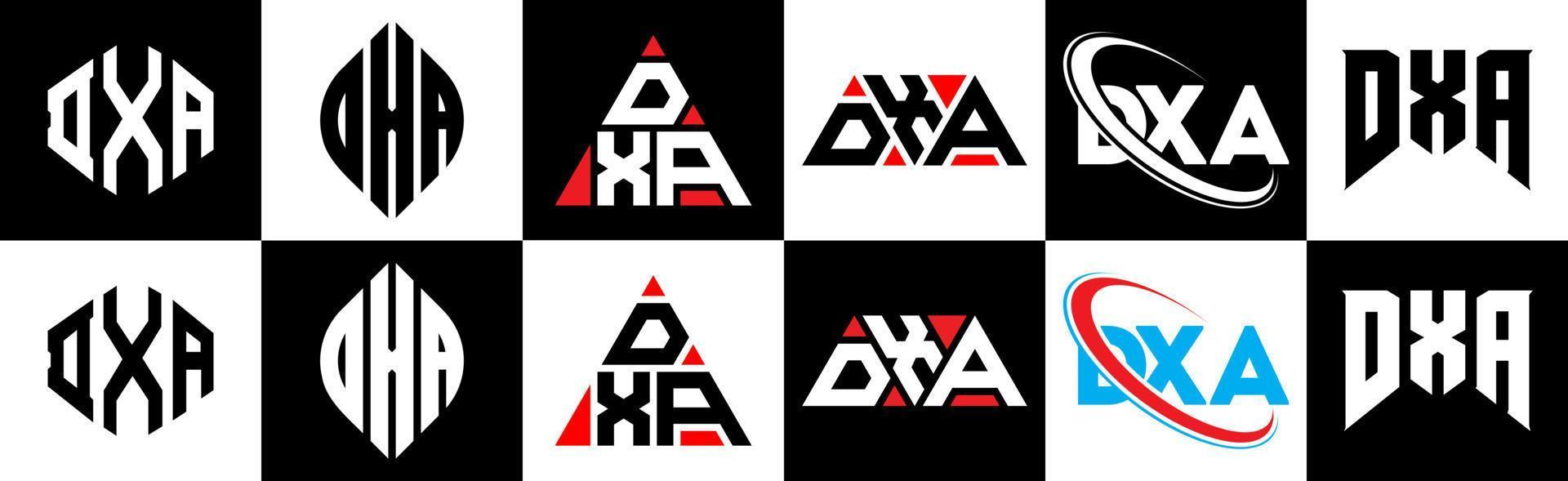 DXA letter logo design in six style. DXA polygon, circle, triangle, hexagon, flat and simple style with black and white color variation letter logo set in one artboard. DXA minimalist and classic logo vector