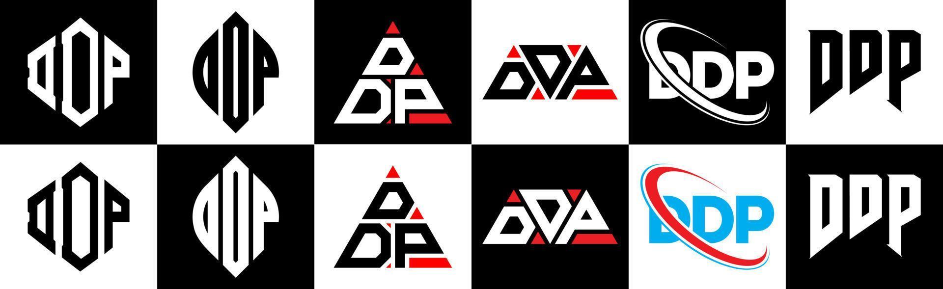 diseño de logotipo de letra ddp en seis estilos. polígono ddp, círculo, triángulo, hexágono, estilo plano y simple con logotipo de letra de variación de color blanco y negro en una mesa de trabajo. logotipo minimalista y clásico de ddp vector