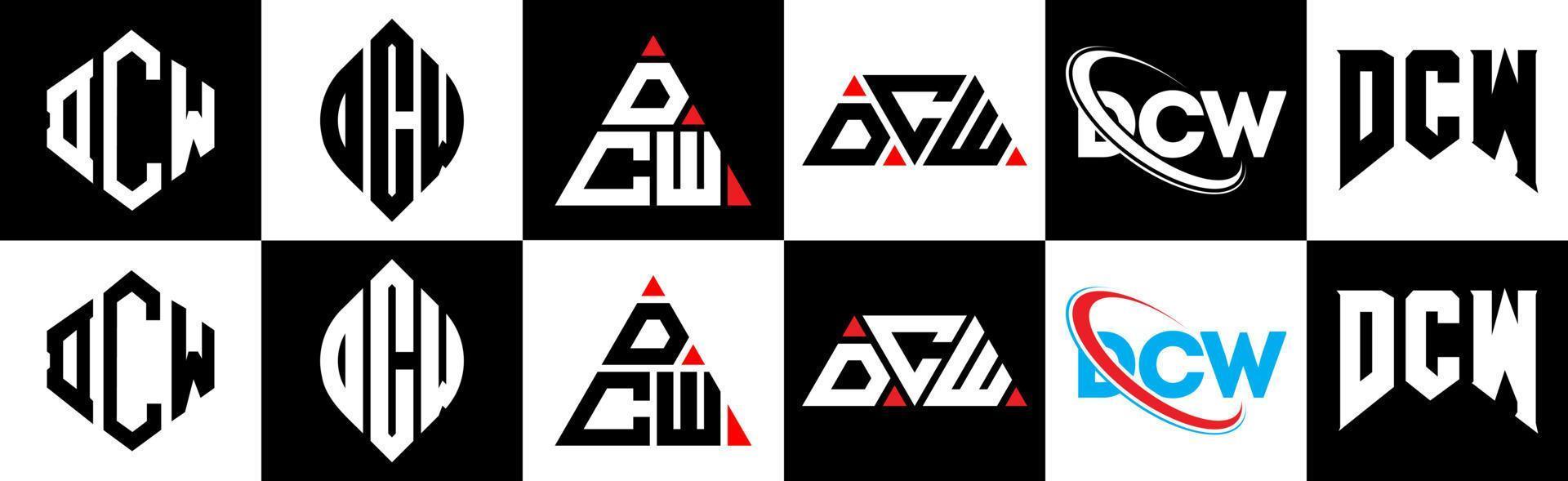 DCW letter logo design in six style. DCW polygon, circle, triangle, hexagon, flat and simple style with black and white color variation letter logo set in one artboard. DCW minimalist and classic logo vector