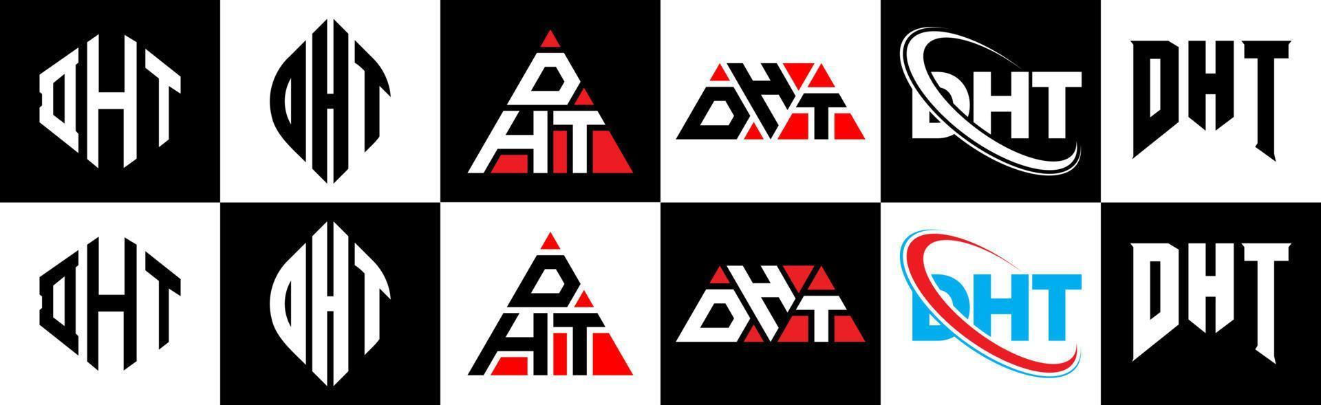 DHT letter logo design in six style. DHT polygon, circle, triangle, hexagon, flat and simple style with black and white color variation letter logo set in one artboard. DHT minimalist and classic logo vector