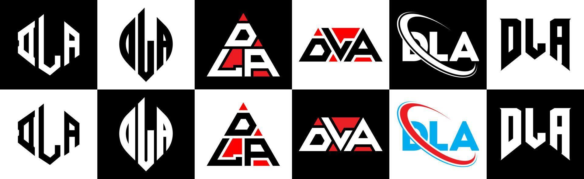 diseño del logotipo de la letra dla en seis estilos. dla polígono, círculo, triángulo, hexágono, estilo plano y simple con logotipo de letra de variación de color blanco y negro en una mesa de trabajo. dla logo minimalista y clásico vector