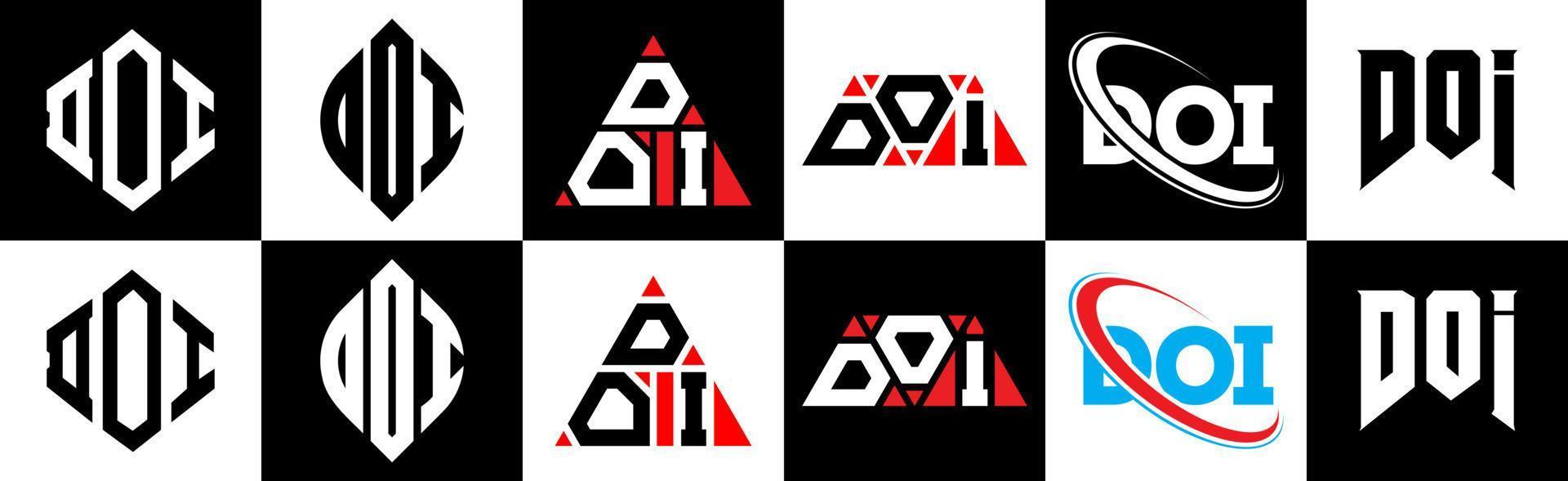 DOI letter logo design in six style. DOI polygon, circle, triangle, hexagon, flat and simple style with black and white color variation letter logo set in one artboard. DOI minimalist and classic logo vector