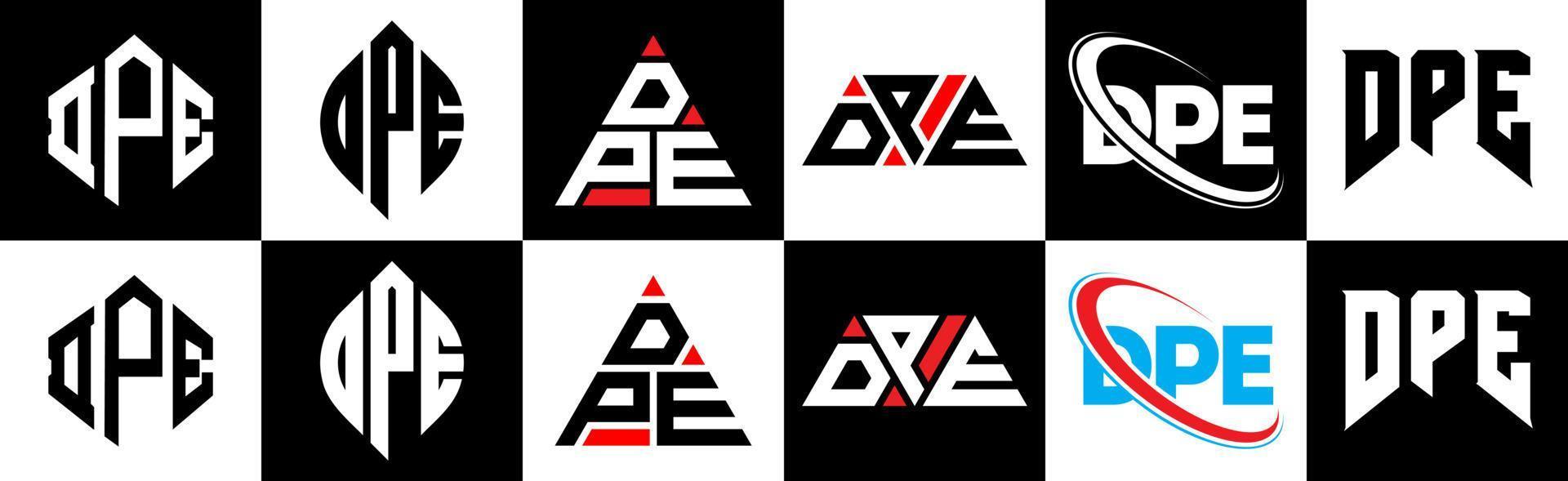 diseño de logotipo de letra dpe en seis estilos. polígono dpe, círculo, triángulo, hexágono, estilo plano y simple con logotipo de letra de variación de color blanco y negro en una mesa de trabajo. logotipo minimalista y clásico de dpe vector