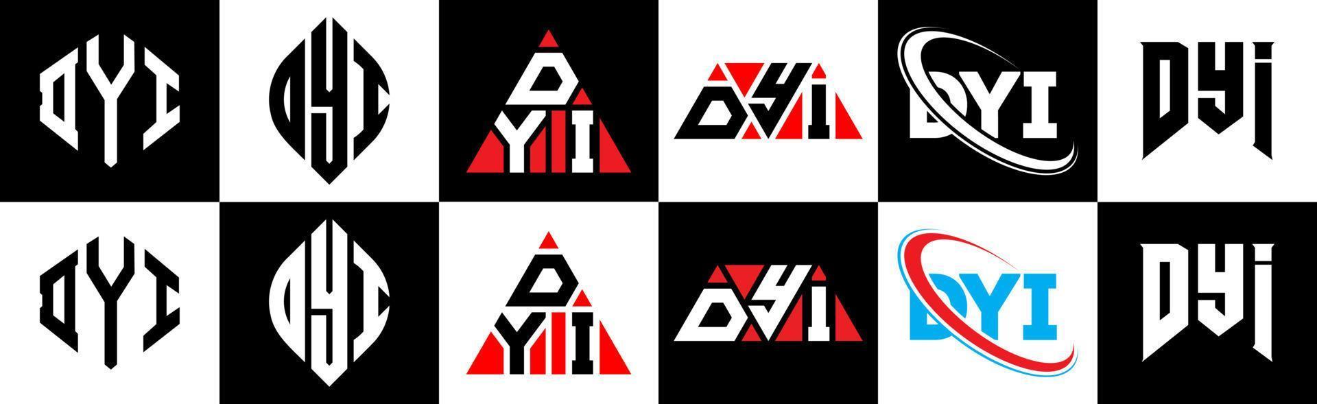 diseño de logotipo de letra dyi en seis estilos. polígono dyi, círculo, triángulo, hexágono, estilo plano y simple con logotipo de letra de variación de color blanco y negro en una mesa de trabajo. logotipo minimalista y clásico de dyi vector