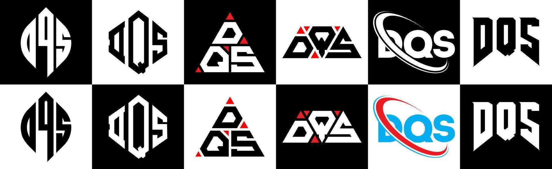 DQS letter logo design in six style. DQS polygon, circle, triangle, hexagon, flat and simple style with black and white color variation letter logo set in one artboard. DQS minimalist and classic logo vector
