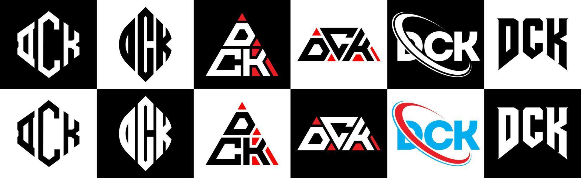 DCK letter logo design in six style. DCK polygon, circle, triangle, hexagon, flat and simple style with black and white color variation letter logo set in one artboard. DCK minimalist and classic logo vector