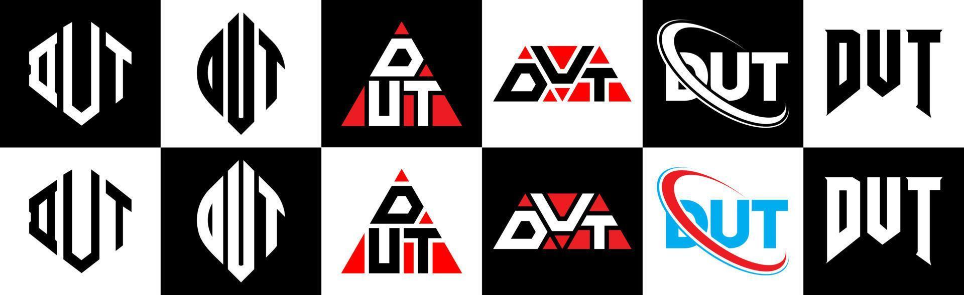 DUT letter logo design in six style. DUT polygon, circle, hexagon, and simple style