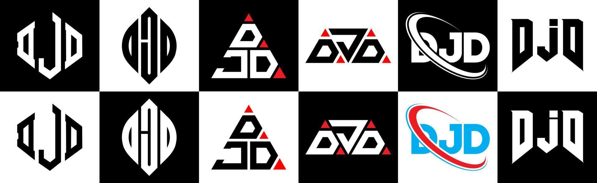 DJD letter logo design in six style. DJD polygon, circle, triangle, hexagon, flat and simple style with black and white color variation letter logo set in one artboard. DJD minimalist and classic logo vector