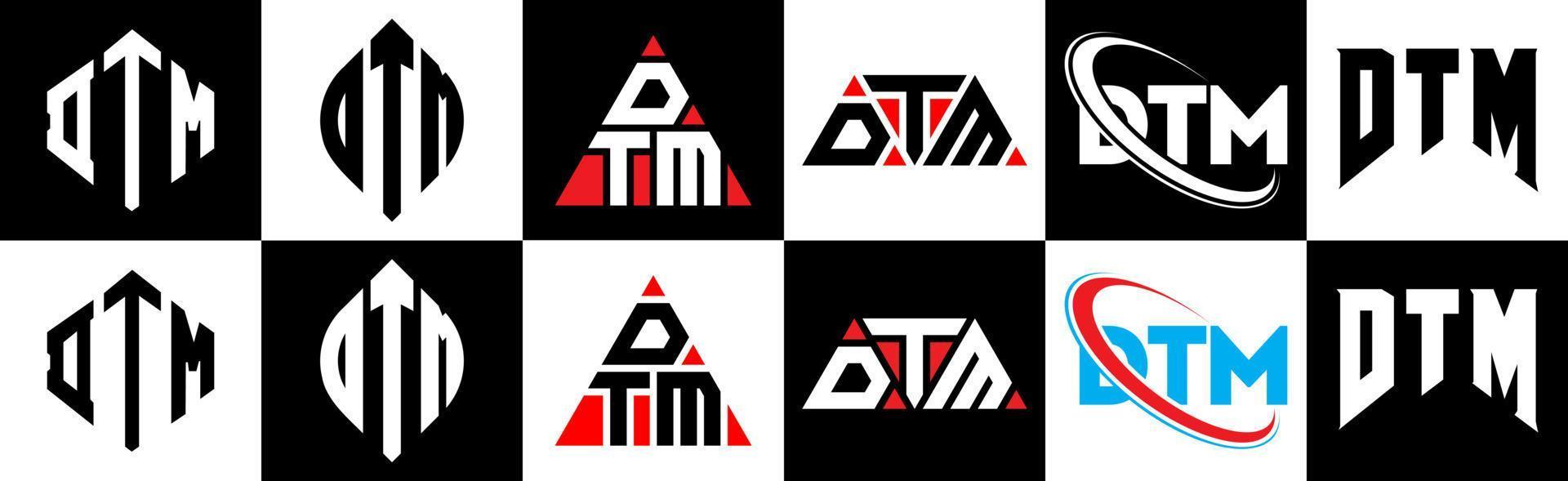 DTM letter logo design in six style. DTM polygon, circle, triangle, hexagon, flat and simple style with black and white color variation letter logo set in one artboard. DTM minimalist and classic logo vector