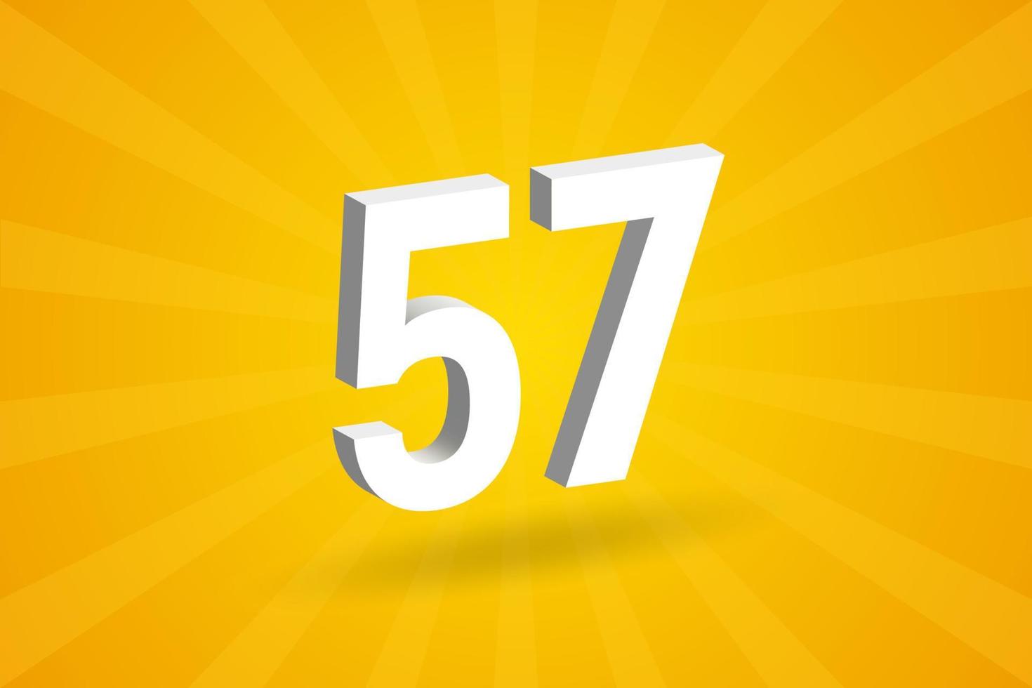 3D 57 number font alphabet. White 3D Number 57 with yellow background vector