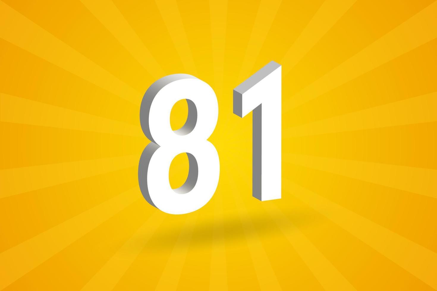 3D 81 number font alphabet. White 3D Number 81 with yellow background vector