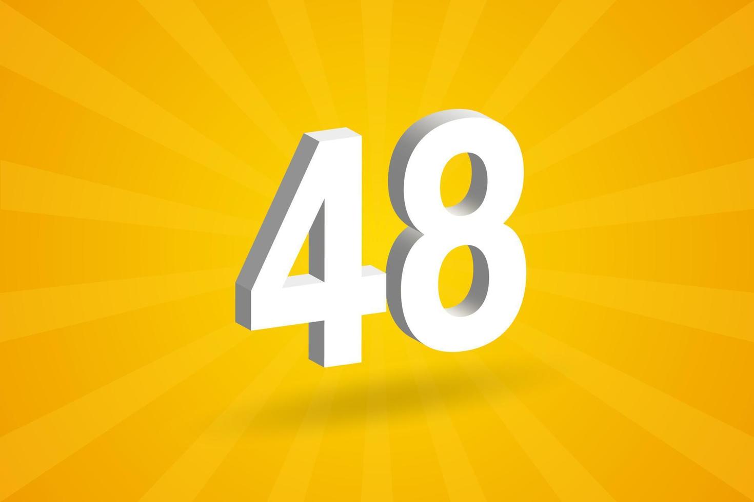 3D 48 number font alphabet. White 3D Number 48 with yellow background vector