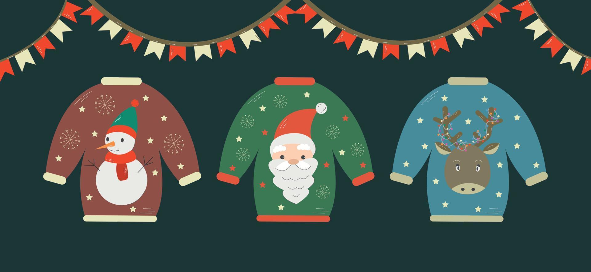 postal navideña con diferentes suéteres feos de dibujos animados. lindo concepto de suéteres navideños en estilo plano. invitación de fiesta de suéter feo de vector. vector