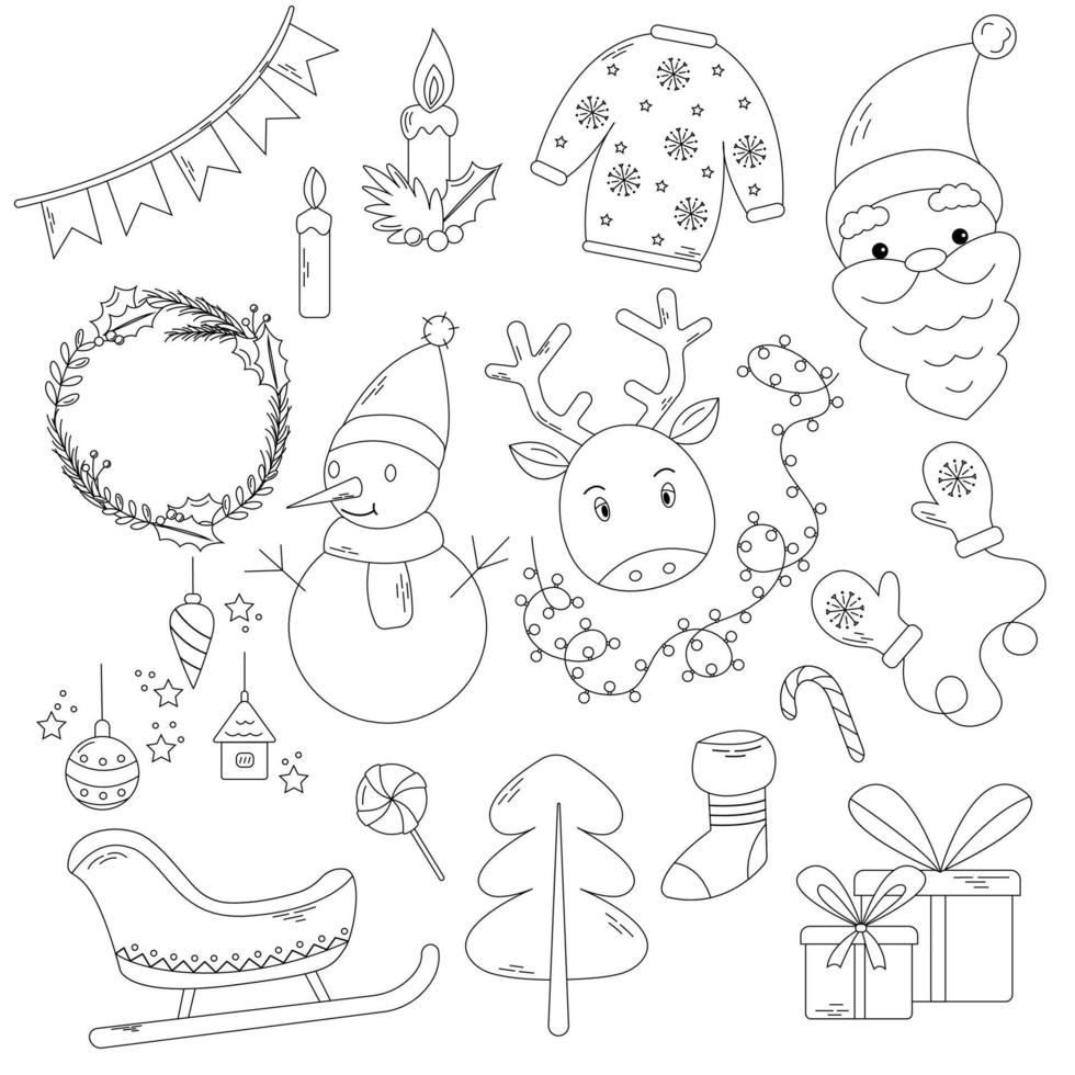 Christmas black and white greeting winter collection with traditional symbols - Snowman, Santa, Reindeer, Tree, Gifts, Sleigh, Ugly Sweater, Mittens and Sweets. Vector illustration in flat style