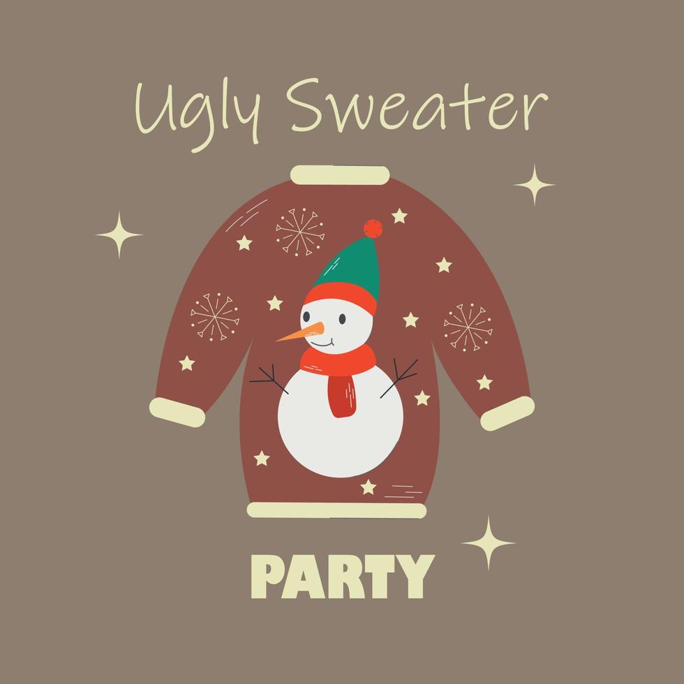 Christmas postcard with invitation on ugly sweater holiday party. Christmas brown sweater with a cartoon snowman and snowflakes. vector