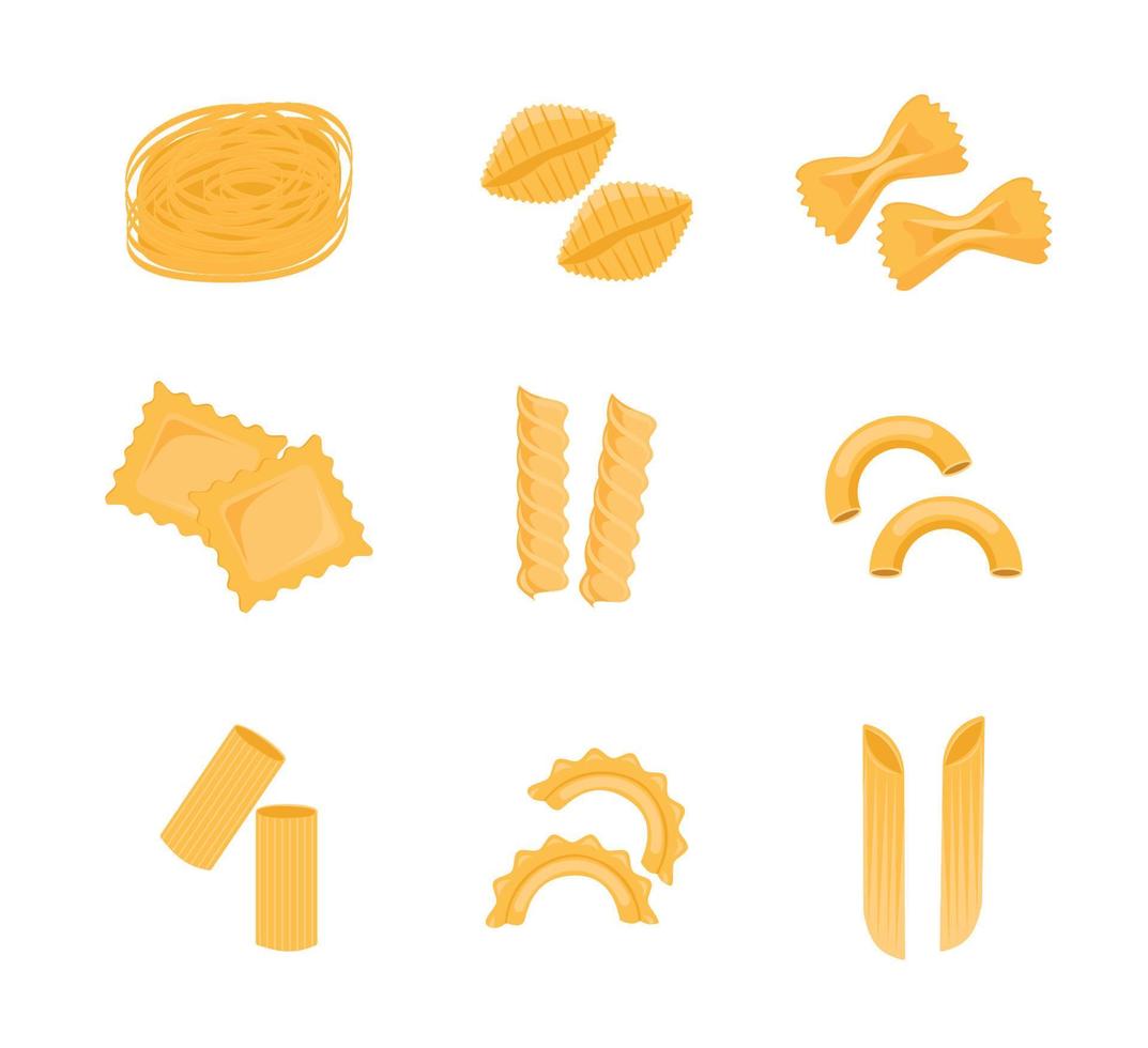 conjunto de tipos de pasta, fideos italianos y macarrones. restaurante delicioso menú. ilustración de pasta de dibujos animados de estilo plano vectorial aislado sobre fondo blanco vector