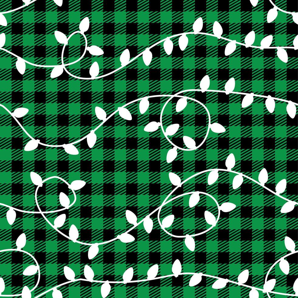 Garland Christmas light bulbs. Vector Seamless Pattern. Christmas and New Year pattern at Buffalo Plaid. Festive background for design and print esp10