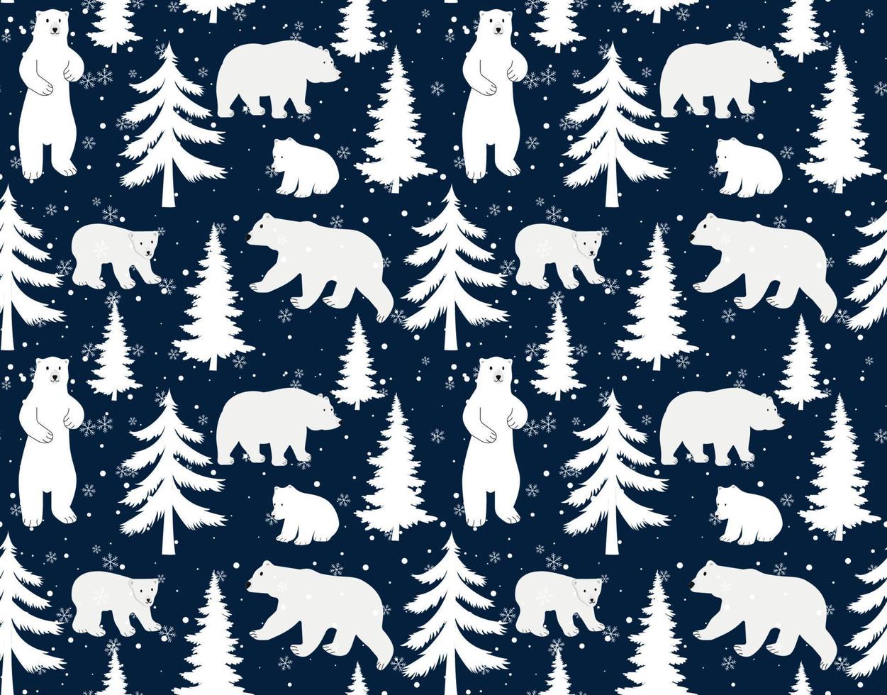 patrón vectorial sin inconvenientes con lindos osos polares dibujados a mano, pinos y bosques nevados de invierno sobre fondo azul oscuro. perfecto para el diseño textil, de papel tapiz o de impresión. vector