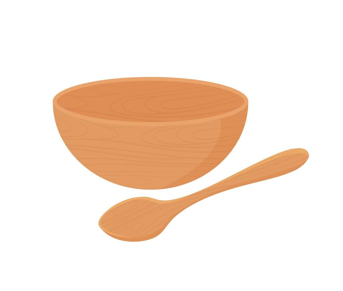 Wooden Bowl and Wooden Spoon isolated on white background. vector