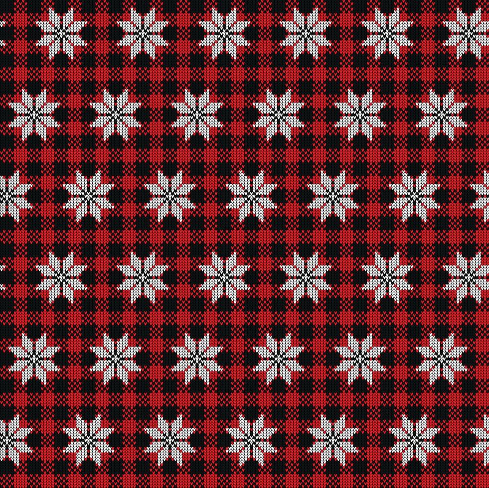 Ugly sweater at Buffalo Plaid Merry Christmas and Happy New Year greeting card frame border . illustration knitted background seamless pattern with folk style scandinavian ornaments. vector
