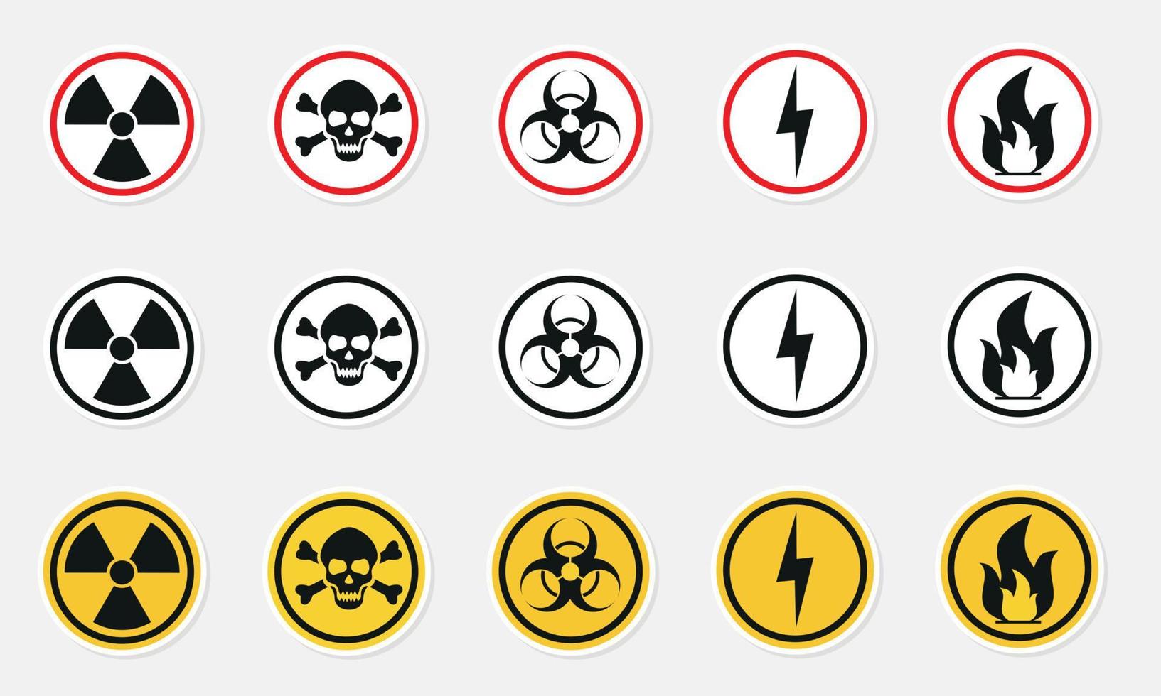 Danger warning circle yellow sign. Radiation sign, toxic sign and biohazard vector icon isolated on white background.
