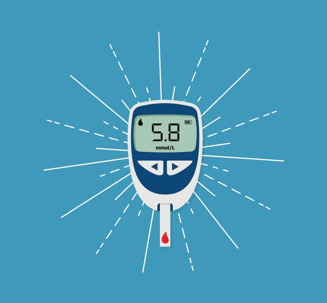 Glucometer. Medical Equipment for diabetes diagnosis. Blood glucose meter level test. Checking blood sugar level by glucometer and test stripe at home. Vector illustration.