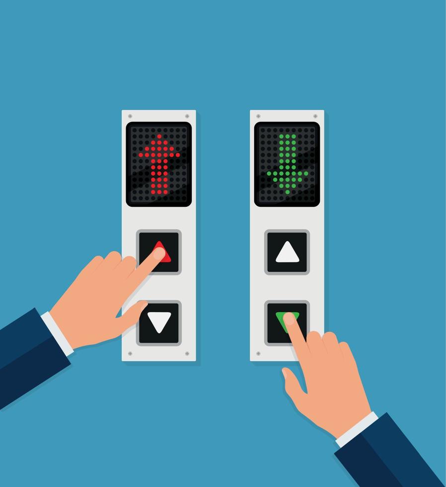 Businessman or manager hand pressing elevator button. Lift call buttons panel. Flat vector illustration.