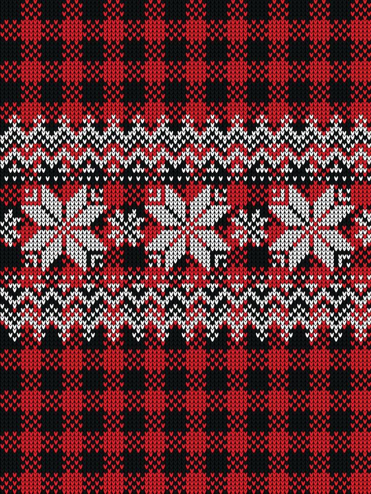 Ugly sweater at Buffalo Plaid Merry Christmas and Happy New Year greeting card frame border . illustration knitted background seamless pattern with folk style scandinavian ornaments. vector
