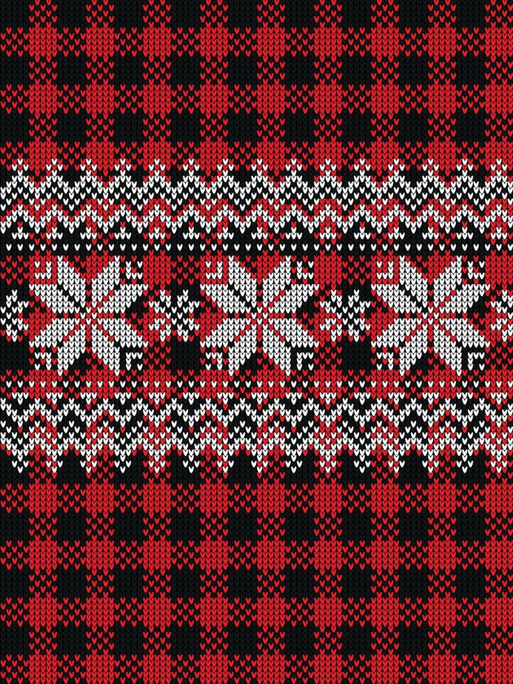 suéter feo en buffalo plaid feliz navidad y feliz año nuevo borde de marco de tarjeta de felicitación. ilustración de fondo de punto de patrones sin fisuras con adornos escandinavos de estilo popular. vector