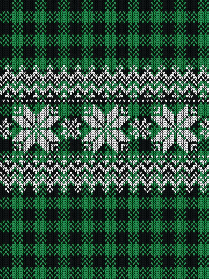 Ugly sweater at Buffalo Plaid Merry Christmas and Happy New Year greeting card frame border . illustration knitted background seamless pattern with folk style scandinavian ornaments. vector